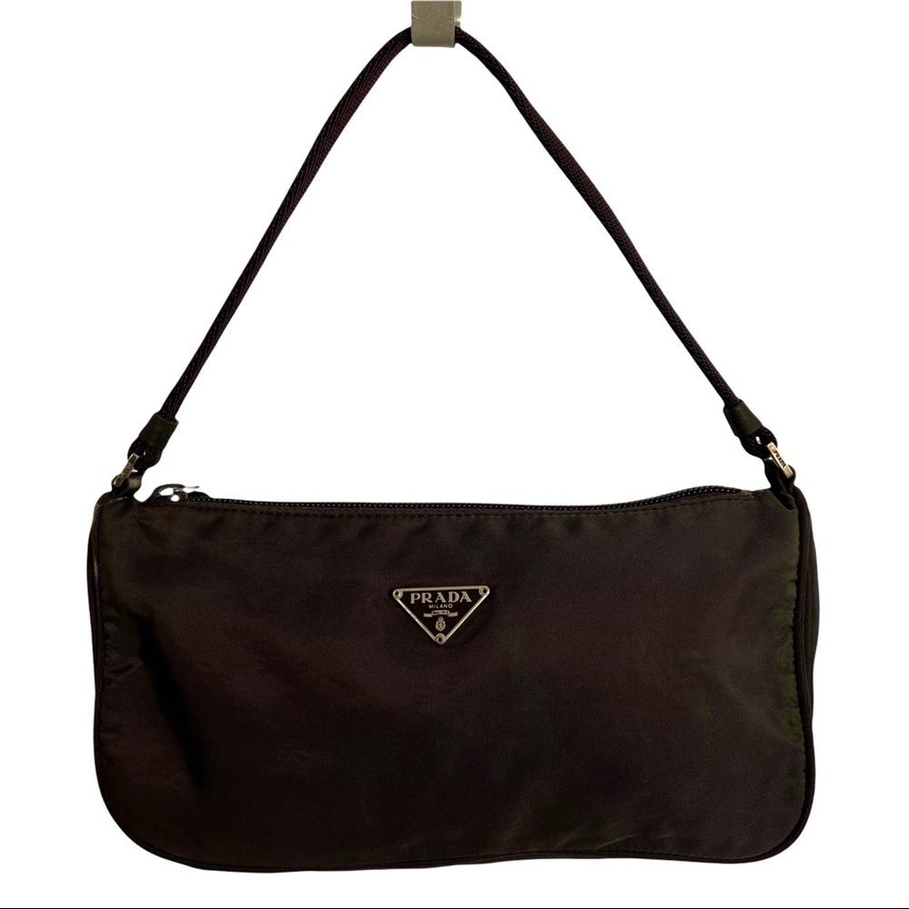 Authentic Prada Tessuto Pochette Nylon Bag Dark Brown